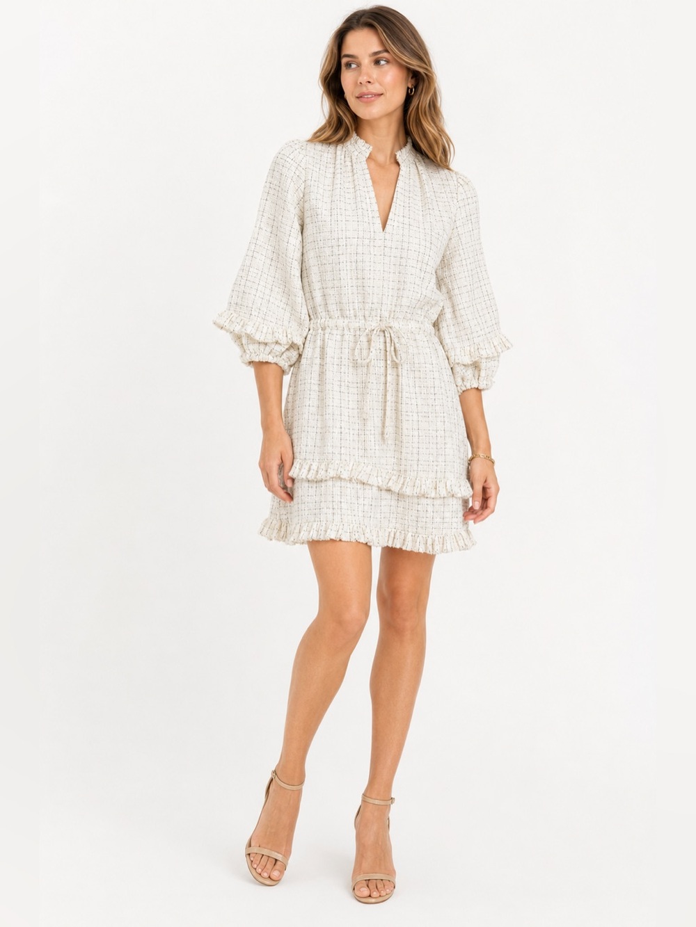 Sundays by WeareSundays Ivory Tweed Puff Sleeve Mini Dress Small